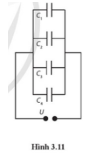 Bộ tụ điện ghép song song (Hình 3.11) gồm: C1= 3,00muy F ; ;C2=6,00muyF ; C3= 12,0muyF, C4=24muy F.  (ảnh 1)