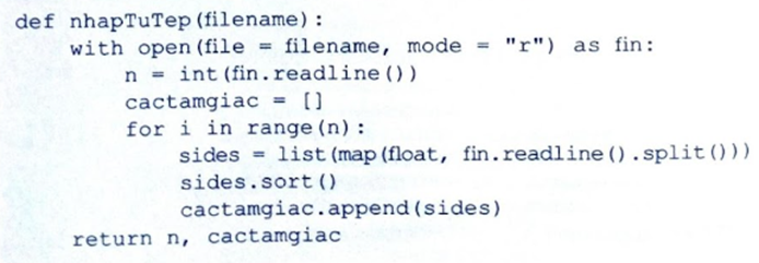 Thực hiện bài tập lớn về lập trình Python xử lí “Tam giác” với các yêu cầu sau: Dữ liệu đầu vào: Nhập từ tệp văn bản tamgiac.txt chứa số liệu độ dài của các tam giác, mỗi dòng trong tệp văn bản chứa ba số a, b, c là số liệu về một tam giác.  (ảnh 8)