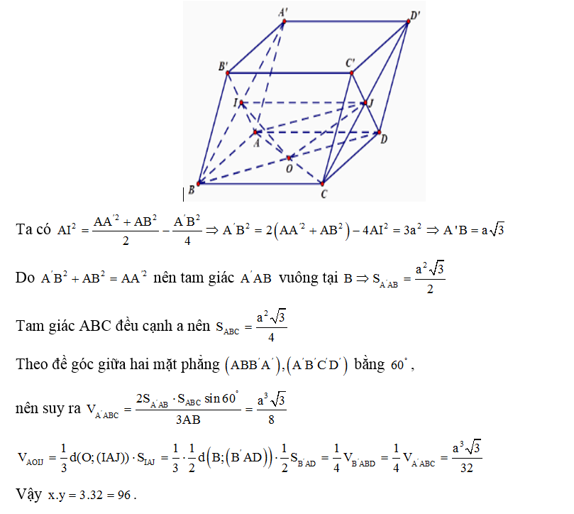 Cho hình hộp ABCD.A'B'C'D' có đáy ABCD là hình thoi tâm O, cạnh bằng a và . Gọi I, J lần lượt là tâm của các mặt (ảnh 1)