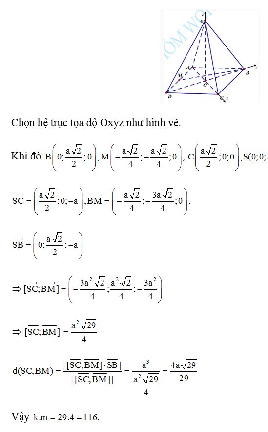 Cho hình chóp tứ giác đều S.ABCD có cạnh đáy bằng a, gọi O là giao điểm của AC và BD và SO = a (ảnh 1)