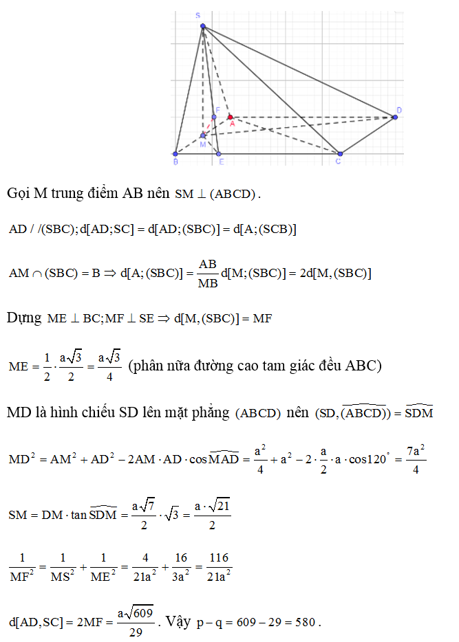 Cho hình chóp S.ABCD có đáy ABCD là hình thoi cạnh a và AC = a. Biết tam giác SAB cân tại S và nằm trong mặt phẳng (ảnh 1)