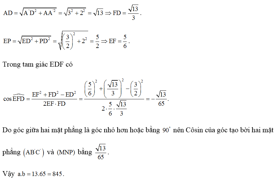 Cho hình lăng trụ tam giác đều ABC.A'B'C' có AB = 2 căn bậc hai 3 và AA'= 2. Gọi M, N, P lần lượt là trung điểm các cạnh (ảnh 2)