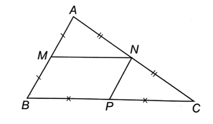 Cho tam giác ABC. Gọi M, N, P lần lượt là trung điểm của các cạnh AB, AC, BC.  a) Chứng minh tứ giác BMNC là hình thang.  b) Tứ giác MNPB là hình gì? Tại sao? (ảnh 1)
