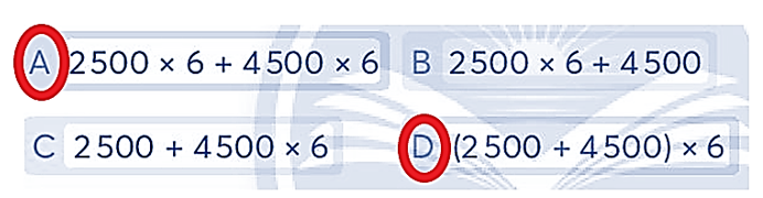 Quan sát giá tiền bút và vở ở hình dưới. a) Khoanh vào chữ cái trước các biểu thức thể hiện cách tính tiền 6 cái bút và 6 quyển vở.	     (ảnh 3)