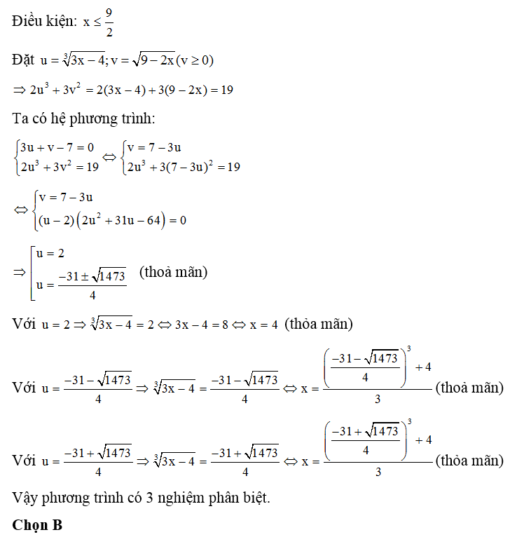 Tập nghiệm của phương trình 3 căn bậc 3 của 3x -4 + căn bậc hai 9 -2x -7 =0 có bao nhiêu phần tử? (ảnh 1)