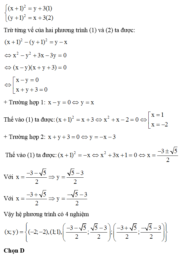 Hệ phương trình (x+1 ) ^2 = y+ 3  và ( y+1 ) ^2 = x+ 3 có bao nhiêu nghiệm? (ảnh 1)