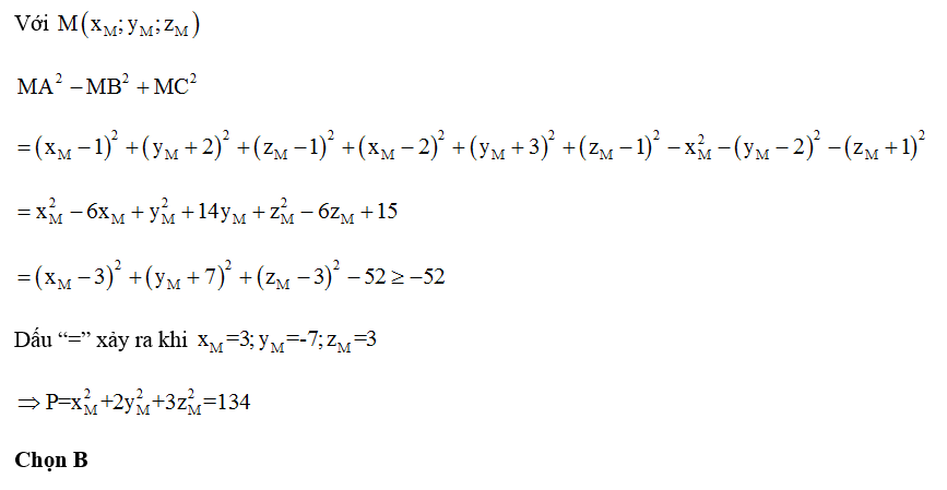 Trong không gian với hệ tọa độ Oxyz, cho điểm A( 1;-2;1) B ( 0;2;-1),C( 2;-3;1). Điểm M thỏa mãn (ảnh 1)
