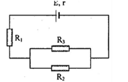 Cho mạch điện như hình vẽ, trong đó ; E= 12, r= 1 ôm, R1= 6 ôm, R2= R3= 10 ôm (ảnh 1)
