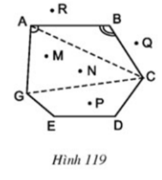 Quan sát đa giác ABCDEG ở hình 119 rồi điền vào chỗ trống trong các câu sau: Các đỉnh là các điểm: A, B., … Các đỉnh kề nhau là: A và B, hoặc B và C, hoặc … Các cạnh là các đoạn thẳng: AB, BC, … (ảnh 1)