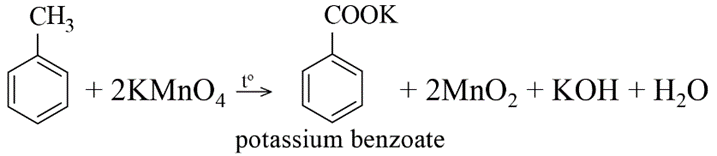 Đun nóng toluene với dung dịch KMnO4 nóng, thì tỉ lệ mol C6H5COOK sinh ra so với KMnO4 phản ứng bằng (ảnh 1)