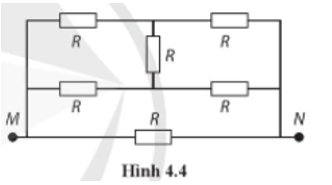 Cho mạch điện (Hình 4.4), các điện trở R đều bằng nhau. Điện trở tương đương giữa M và N là   A. R/2.		 B. R.			 C. 2R.		 D. 4R. (ảnh 1)