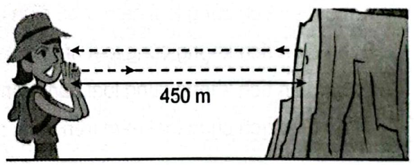 Một người leo núi khi cách vách núi một khoảng 450 m Tính tốc độ truyền sóng âm (ảnh 1)