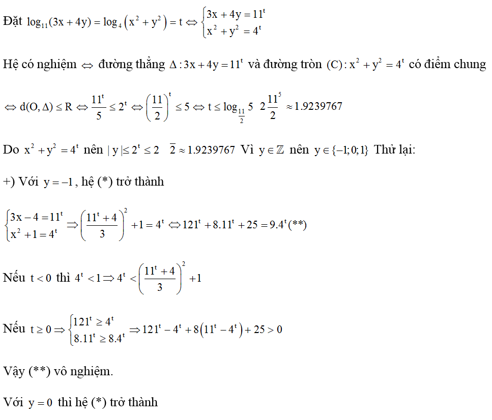 Có bao nhiêu số nguyên y để tồn tại số thực x thỏa mãn log 11 ( 3x+ 4y) = log 4 ( x^2 + y^2)? (ảnh 1)