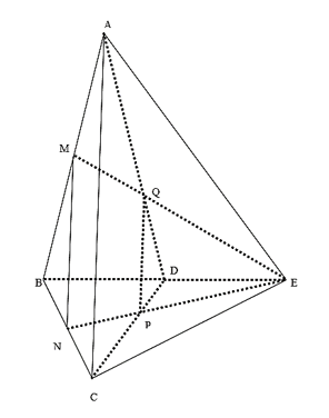 Cho tứ diện đều ABCD có cạnh bằng a. Gọi M, N lần lượt là trung điểm của các cạnh AB, BC và E là điểm đối xứng với B qua D. Mặt phẳng (MNE) chia khối tứ diện ABCD thành hai khối đa diện, trong đó khối đa diện chứa đỉnh A có thể tích V. Tính V. (ảnh 1)