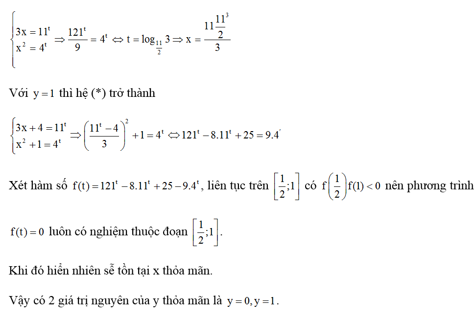 Có bao nhiêu số nguyên y để tồn tại số thực x thỏa mãn log 11 ( 3x+ 4y) = log 4 ( x^2 + y^2)? (ảnh 2)