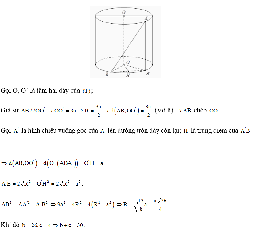 Cắt hình trụ (T) bởi mặt phẳng chứa trục của nó thì được thiết diện là một hình vuông. Trên mối đường tròn đáy của (ảnh 1)