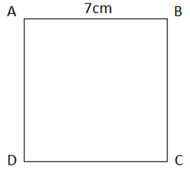 Cho hình vuông ABCD có AB = 7cm. Tính độ dài các đoạn thẳng BC, DC, AD (ảnh 1)