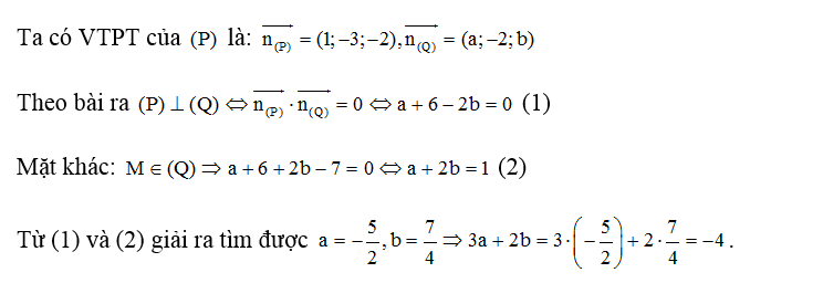 Trong không gian với hệ trục tọa độ Oxyz, cho điểm M ( 1;-3;2) và mặt phẳng (P) : x- 3y-2z+ 5=0 (ảnh 1)