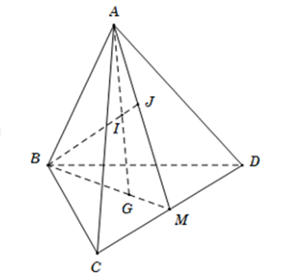 Cho tứ diện ABCD. Gọi G là trọng tâm tam giác BCD, M là trung điểm CD, I là  (ảnh 1)