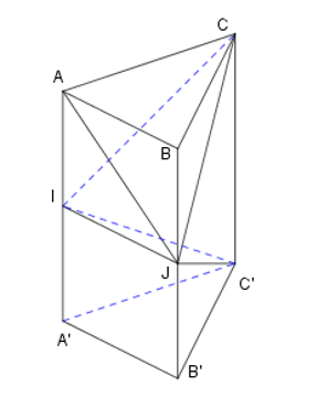 Cho khối lăng trụ tam giác ABC.A′B′C′ có thể tích là V. Gọi I, J lần lượt là trung điểm hai cạnh AA′ và BB′. Tính thể tích của khối đa diện ABCIJC′. (ảnh 1)
