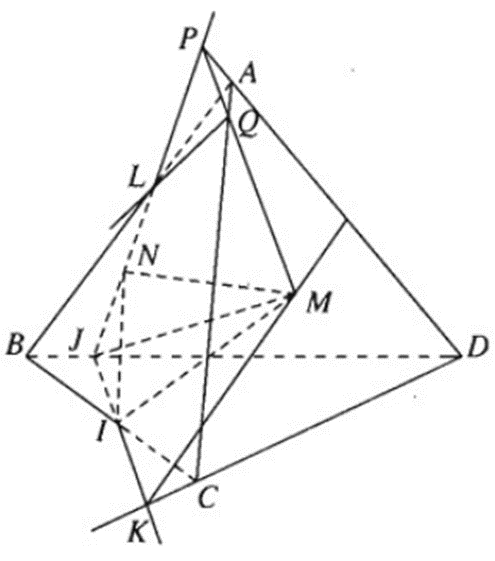 Cho tứ diện ABCD và điểm M thuộc miền trong của tam giác ACD. Gọi I và J  (ảnh 1)