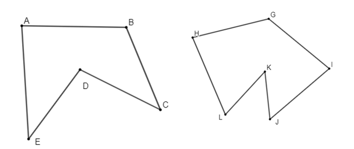 Cho các hình vẽ sau   Giải thích tại sao hai đa giác trên không phải đa giác lồi? (ảnh 1)