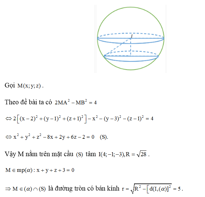 Cho hai điểm A ( 2;1;-1) ,B ( 0;3;1). Biết tập hợp điểm M thuộc mp ( alpha) :x+ y +z + 3=0  thỏa mãn (ảnh 1)