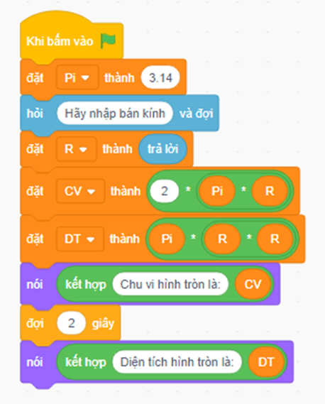 Sử dụng ngôn ngữ lập trình Scratch để viết chương trình tính chu vi đường tròn (ảnh 1)