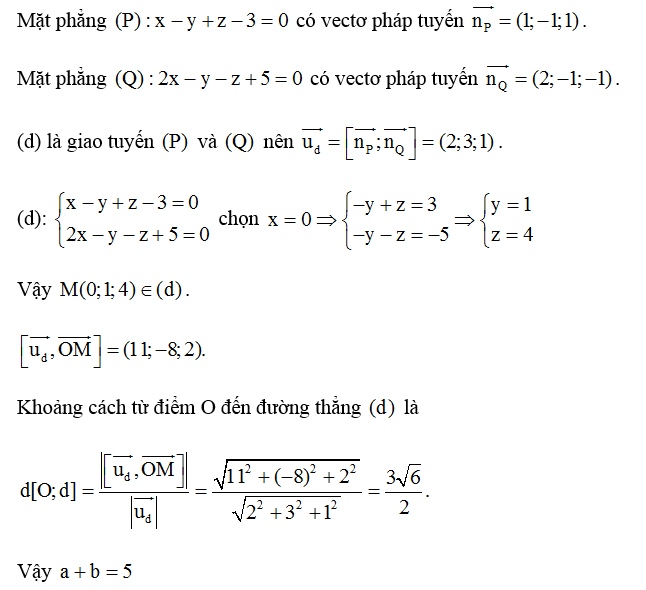 Trong không gian Oxyz, cho đường thẳng d là giao tuyến của hai mặt phẳng (P) x-y+ x-3 = 0 và (Q) 2x- y-z+ 5=0 (ảnh 1)