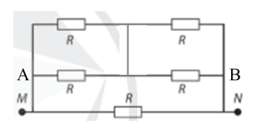 Cho mạch điện (Hình 4.4), các điện trở R đều bằng nhau. Điện trở tương đương giữa M và N là   A. R/2.		 B. R.			 C. 2R.		 D. 4R. (ảnh 2)