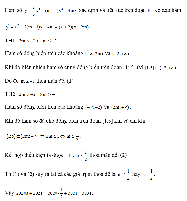 Tất cà các giá trị thực của tham số m để hàm số y = 1/3 x^3 - ( m-1) x^2 - 4mx đồng biến trên đoạn [1;5] là  (ảnh 1)