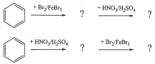 Biết nhóm thế -Br trên vòng benzene định hướng thế ưu tiên các vị trí ortho và para, còn nhóm thế -NO2  (ảnh 1)