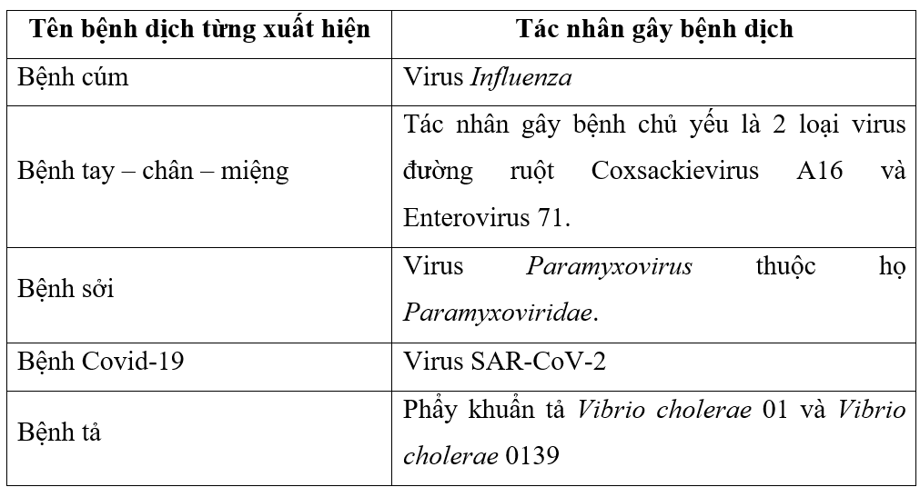 Đọc thông tin ở các Bảng 6.1, 6.2, 6.3 và 6.4, hãy kể tên những tác nhân đã từng gây nên bệnh dịch ở địa phương em. (ảnh 5)