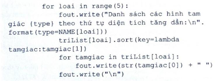 Thực hiện bài tập lớn về lập trình Python xử lí “Tam giác” với các yêu cầu sau: Dữ liệu đầu vào: Nhập từ tệp văn bản tamgiac.txt chứa số liệu độ dài của các tam giác, mỗi dòng trong tệp văn bản chứa ba số a, b, c là số liệu về một tam giác.  (ảnh 7)