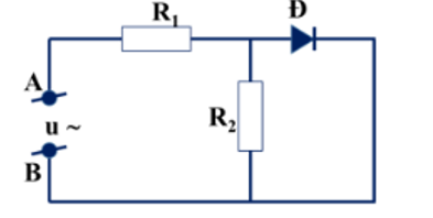 Trong đoạn mạch AB như hình vẽ. Đ là điôt lí tường, hai điện trở đều bằng R. Điện áp giữa A và B (ảnh 1)