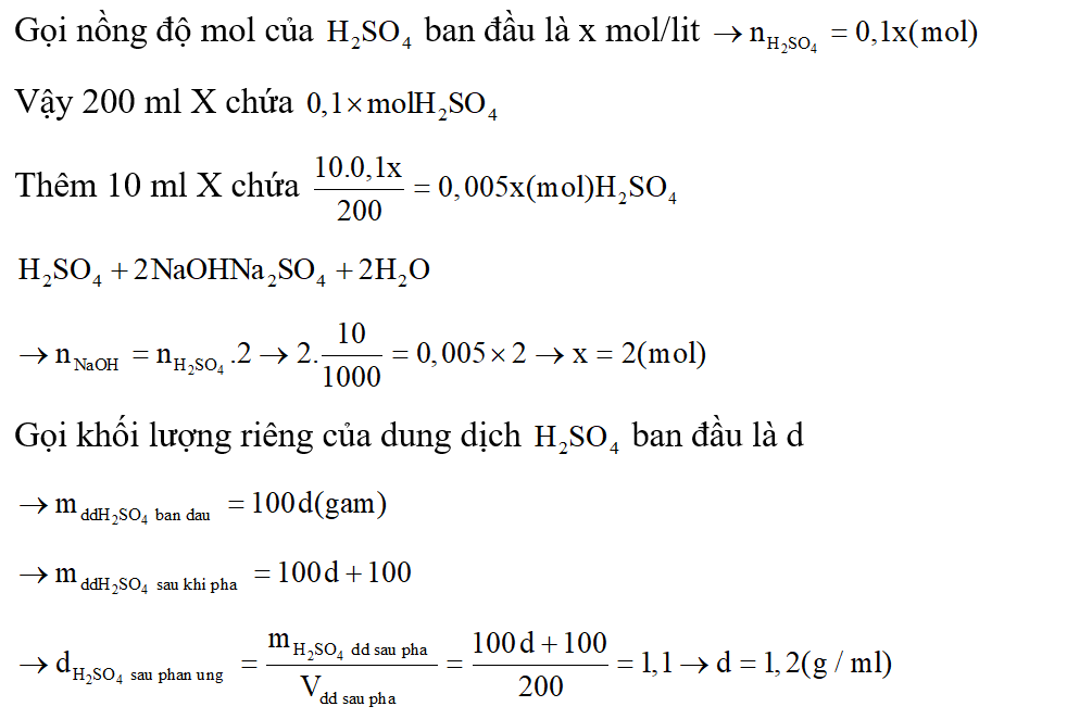 Thêm 100 ml nước vào 100 ml dung dịch H2SO4 được 200 ml dung dịch X (d = 1,1 g/ml). Biết rằng 10 ml dung (ảnh 1)