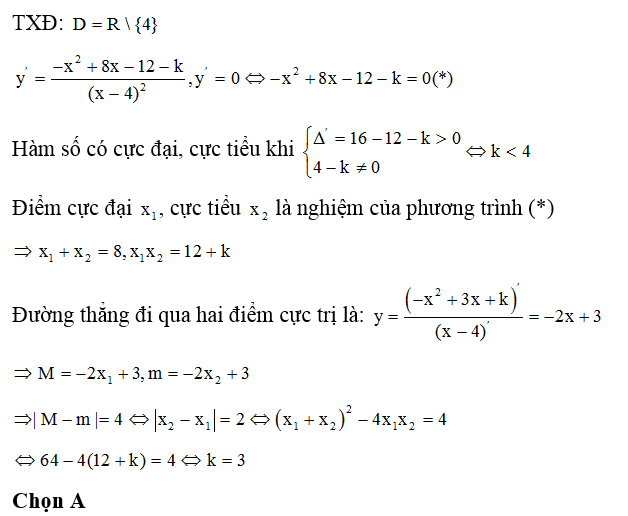 Cho hàm số y= -x^2 +3x+ k / x-4. Giá trị của k để hàm số có giá trị cực đại M, cực tiểu m sao cho  (ảnh 1)