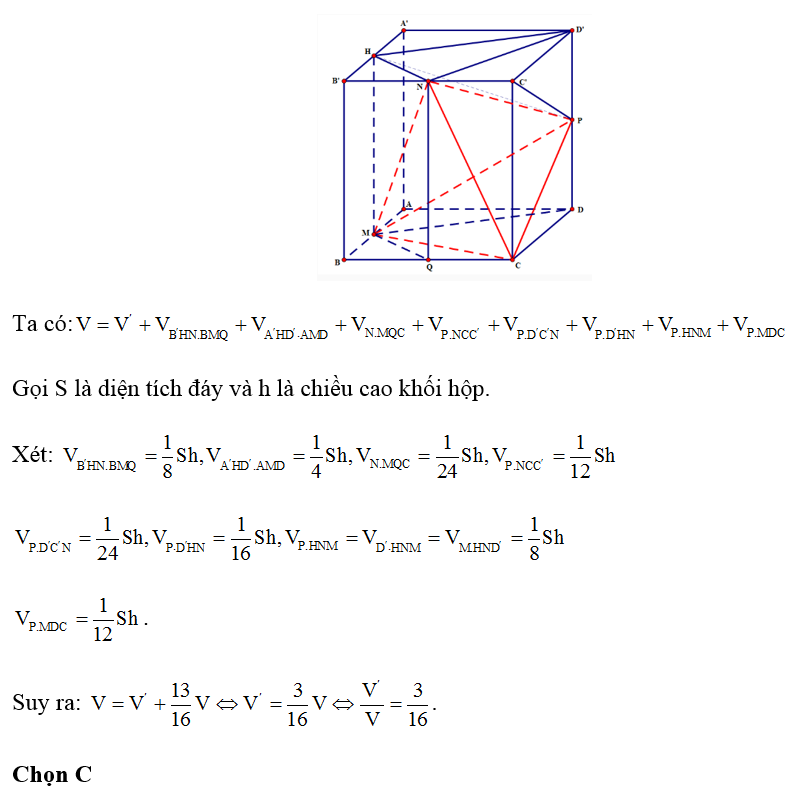 Cho khối hộp ABCD.A'B'C'D' có thể tích bằng V. Gọi M, N, P lần lượt là trung điểm của (ảnh 1)