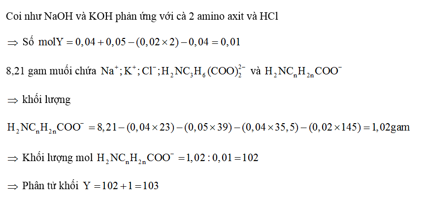 Hỗn hợp X gồm amino axit Y (có dạng H2NCnH2nCOOH ) và 0,02 mol H2NC3H5( COOH) 2 (ảnh 1)