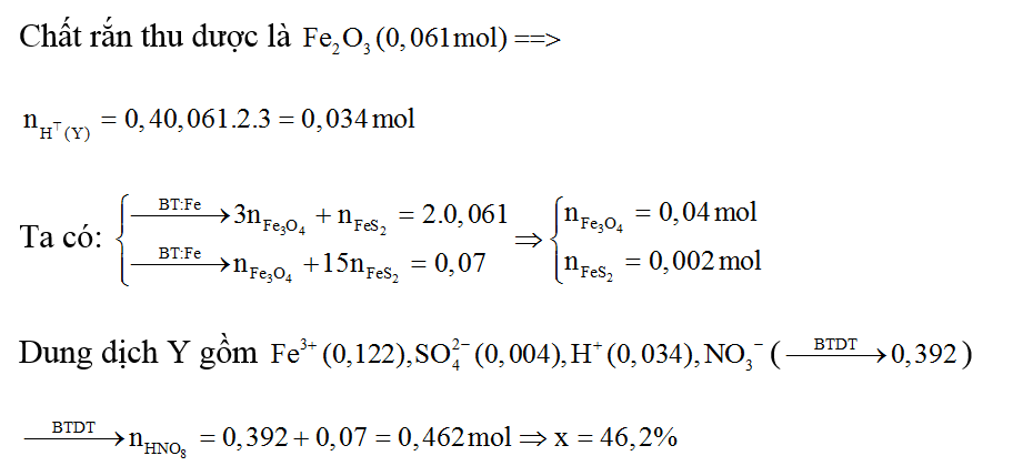 Hòa tan hoàn toàn một lượng hỗn hợp X gồm Fe3O4 và FeS2 trong 63 gam dung dịch HNO3 nồng độ x%, thu được sản phẩm gồm 1,568 lít (ảnh 1)