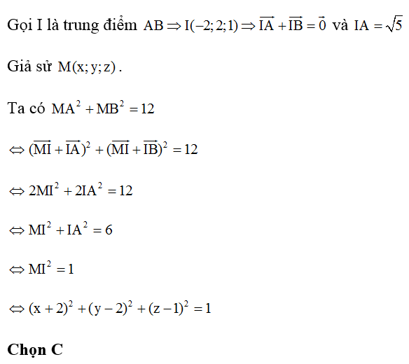 Trong không gian, cho hai điểm A( -4;1;1) , B( 0;3;1). Tập hợp điểm M thỏa mãn   (ảnh 1)