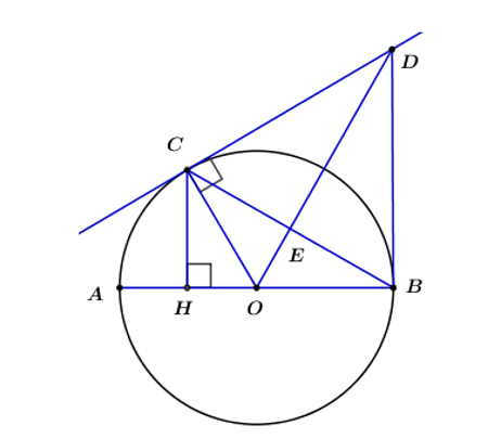Cho (O) đường kính AB. Lấy C thuộc (O), gọi E là trung điểm BC. Tiếp tuyến tại C của (O) cắt OE ở D. Chứng minh: ΔACB vuông và OE ⊥ BC. (ảnh 1)