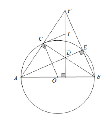 Cho đường tròn tâm O có đường kính AB và C là một điểm thuộc đường tròn tâm O (C khác A, B). Lấy điểm D thuộc dây cung BC (D khác B, C). Tia AD cắt cung nhỏ BC tại điểm E, tia AC cắt tia BE tại điểm F. Chứng minh tứ giác FCDE nội tiếp. (ảnh 1)