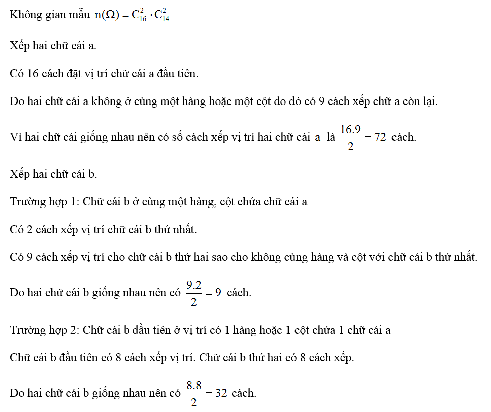 Có 4 chữ cái gồm hai chữ cái a và hai chữ cái b xếp vào một bàng gồm 16 ô như hình vẽ dưới đây. Biết rằng mỗi ô không có (ảnh 1)