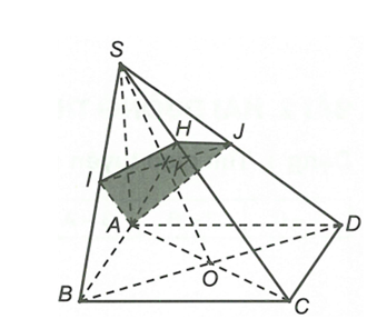 Cho hình chóp S.ABCD có đáy ABCD là hình bình hành. Gọi I, J lần lượt là trung điểm của SB và SD. Thiết diện của mặt phẳng (AIJ) với hình chóp là A. tam giác. B. ngũ giác. C. tứ giác. D. lục giác. (ảnh 1)