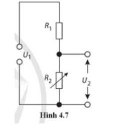 Cho mạch điện (Hình 4.7). U1=10V, R1=10ôm  Khi biến trở R2 thay đổi giá trị từ 0 V đến 40 V, xác định khoảng giá trị của hiệu điện thế U2.   (ảnh 1)