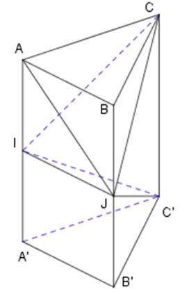 Cho khối lăng trụ tam giác ABC.A′B′C′ có thể tích là V. Gọi I, J lần lượt là trung (ảnh 1)