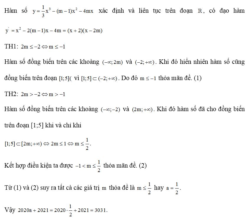 Tất cả các giá trị thực của tham số m để hàm số Y= 1/3 x^3 - ( m-1) x^2 - 4mx đồng biến trên đoạn [1; 5] là m bé hơn bằng a. Tính . (ảnh 1)