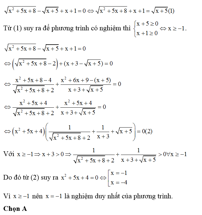 Tập nghiệm của phương trình: căn bậc hai x^2 + 5x +8 - căn bậc hai x+ 5 + x+ 1=0  có bao nhiêu phần tử? (ảnh 1)