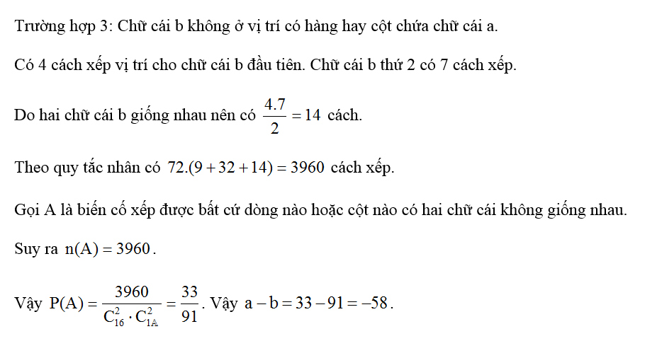 Có 4 chữ cái gồm hai chữ cái a và hai chữ cái b xếp vào một bàng gồm 16 ô như hình vẽ dưới đây. Biết rằng mỗi ô không có (ảnh 2)